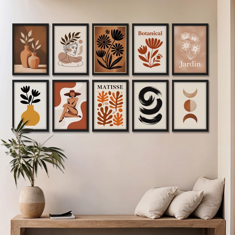 Image of NoWorries Boho Abstract Wall Painting Set of 10 with Frame | Botanical Vase, Woman Line Art, Floral, Moon Phase, Black Brush & Terracotta Beige Modern Artwork for Living Room, Bedroom, Office and Home Decor (Art-14, Frames Size- 10x13 inches)