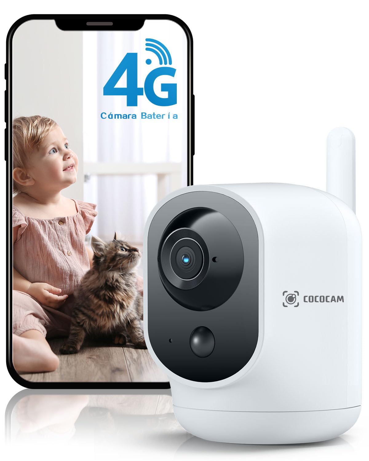 COCOCAM 4G Camara Vigilancia Sim Interior Inalámbrica 2K, Batería 6000mAh, 355°P 90° T, para Bebés/Mascotas/Ancianos, Detección Humana PIR, Tarjeta SIM Incorporada, Sin WiFi (Blanco)