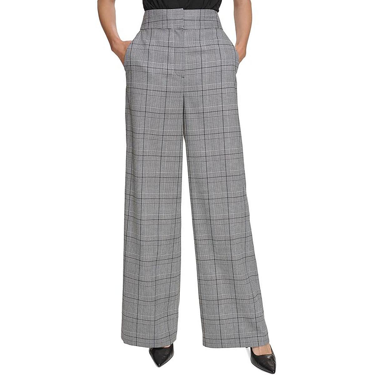 Calvin Klein Womens Plaid High Rise Wide Leg Pants B W 6