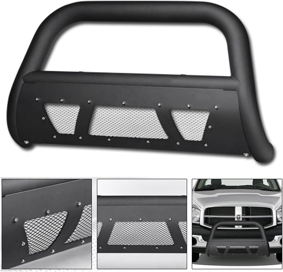 for 2006-2008 Dodge Ram 1500 ; 2006-2009 2500/3500 ; 2008-2009 4500/5500 - Matte Black Studded Mesh Bull Bar Brush Push Front Bumper Grill Grille Guard with Skid Plate