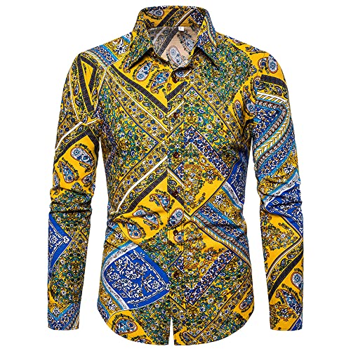 Chemise Hommes Imprimé Mode Chic Manches Longues Shirt Hommes Slim Fit Revers Décontractée Chemise Hommes Personnalité Vintage Style Ethnique Chemise Hommes Classique Patte De Boutonnage Chemise Homme Cover