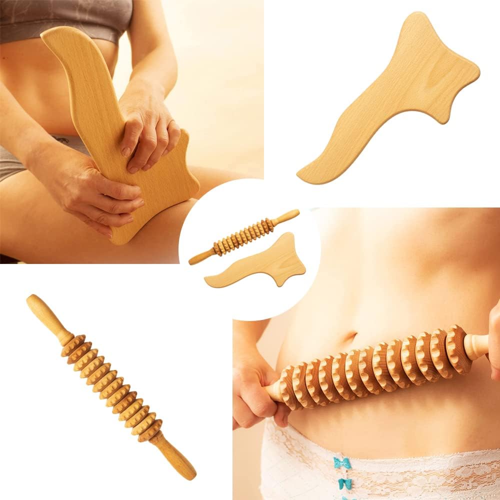 Neck Massager Roller Stick and Gua Sha Set - Wooden Foam Roller Massage Tools for Muscle Relief and Relaxation