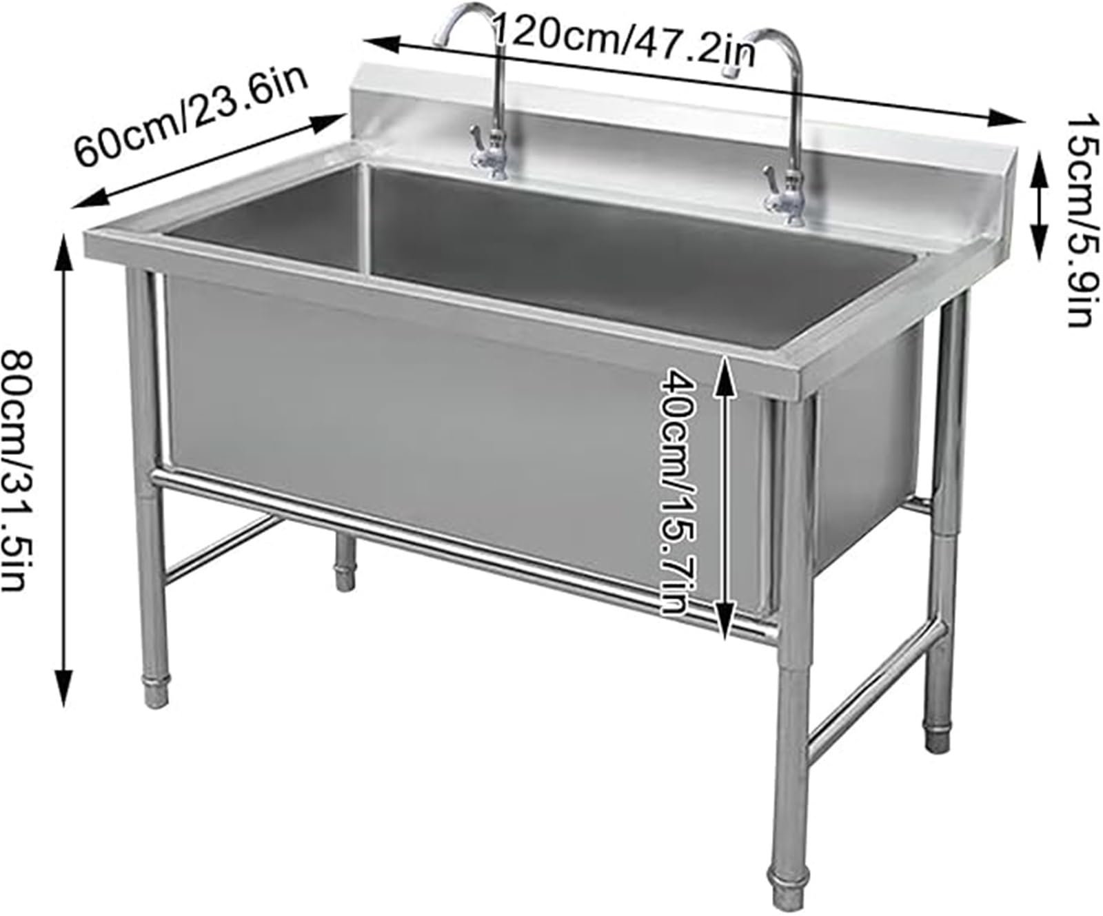 Komercyjny zlew wolnostojący, duży, jednokomorowy, ze stali nierdzewnej, z zestawem odpływowym i kranem, idealny do restauracji i pralni (120 cm)