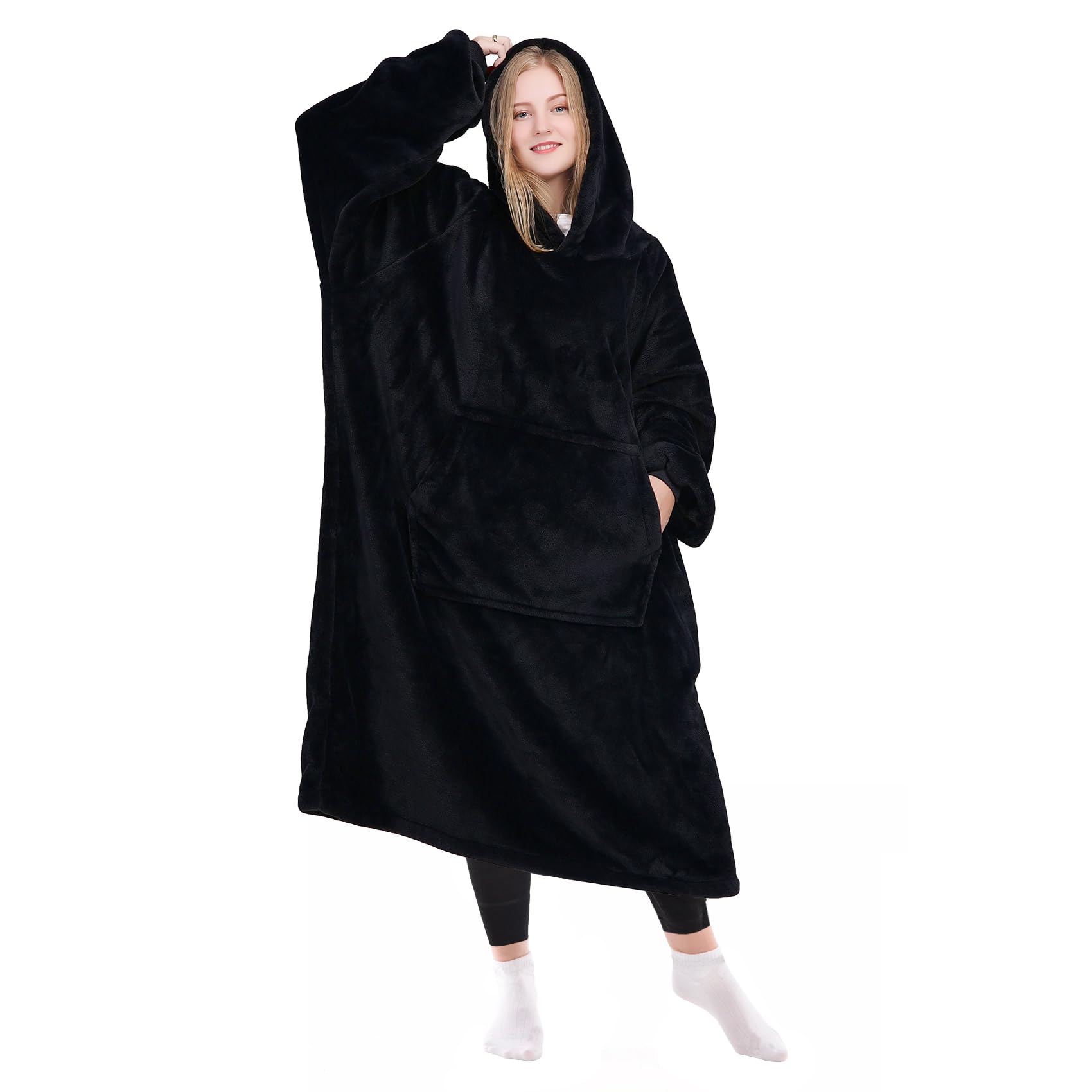 KPBLIS Wearable Blanket Hoodie Gifts for Women and Men, Oversized Wearable Hoody Blanket Sweatshirt, Warm Cozy Giant Fleece Blanket with Sleeves and Pocket for Adults, Black