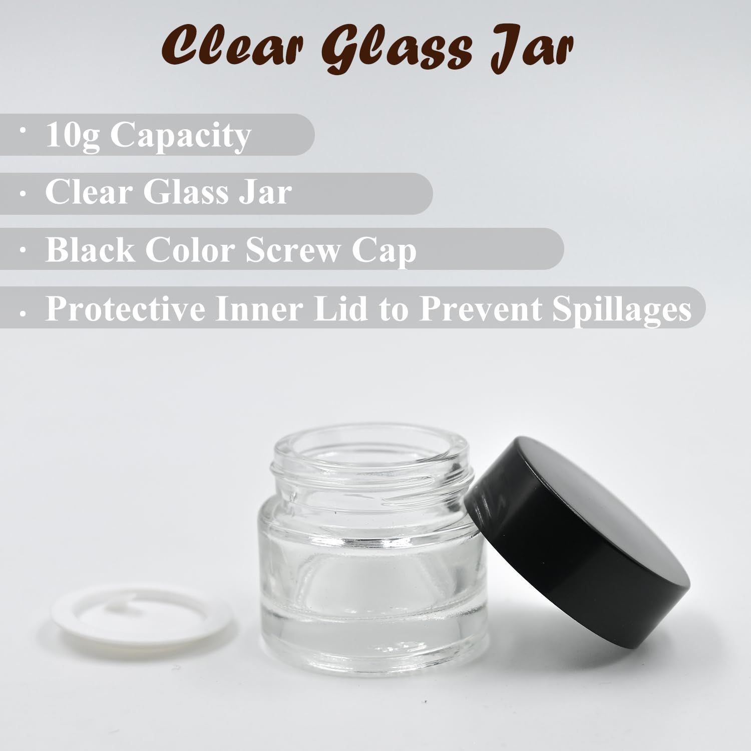 Happy Packaging 10 gm Clear Round Empty Glass Cosmetic Cream Container | Jars With Black Cap And White Inner Lids For Creams| Balms | Face Scrub | Body Cream Etc (3) - Image 2 thumbnail