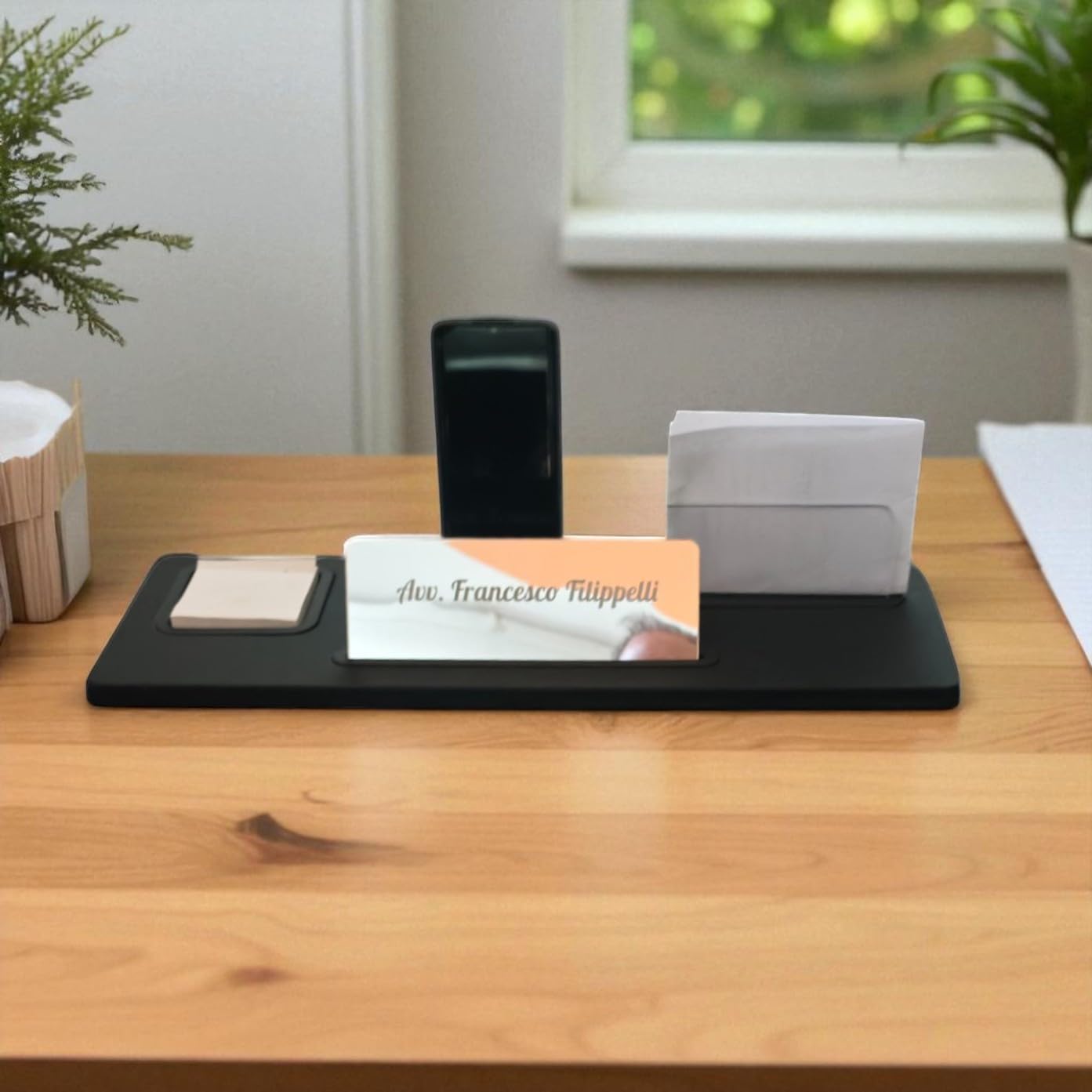 Juego de escritorio de ecopiel sintética negra, 5 en 1 organizador – Soporte para smartphone, tarjetero, tarjetero, porta tarjetas adhesivas, caballero personalizado. – Oficina Casa (SA
