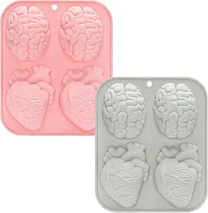 Silicone Ice Cube Trays 2PCS Brain Skull RIP Gravestone Mold for Ice, Candy, Cake, Soap, Chocolate, Halloween (Pink&Gray, 2P Brain Heart)