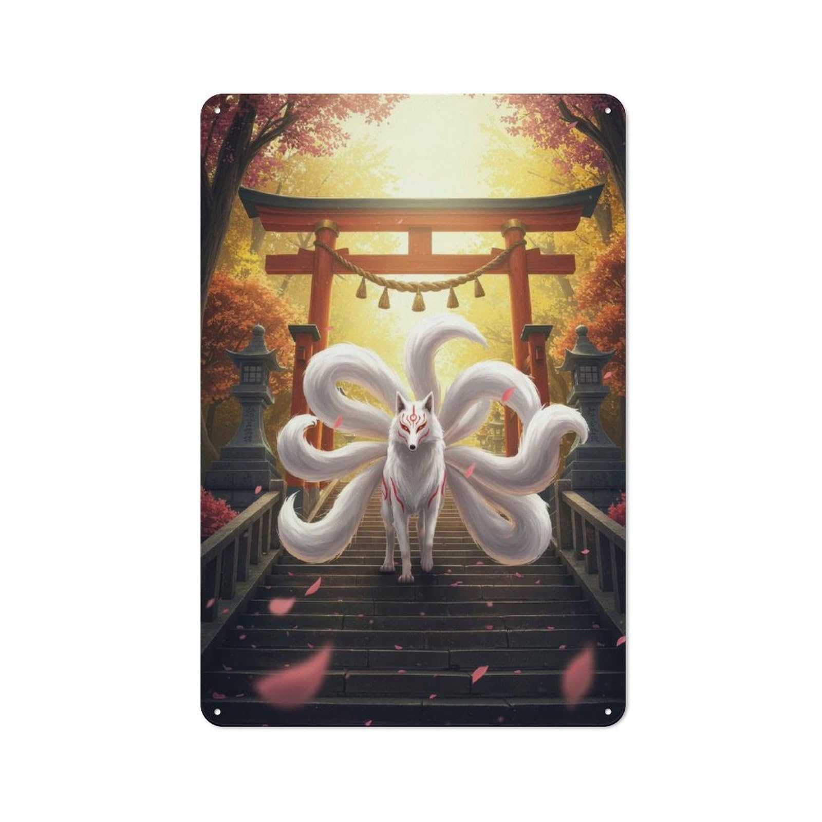 Classic Vintage Metal Sign 30x20cm Featuring Nine-tailed Fox at Torii Gate, Home Bar Decor for Cafe, Pub, Workshop Or Home Bar