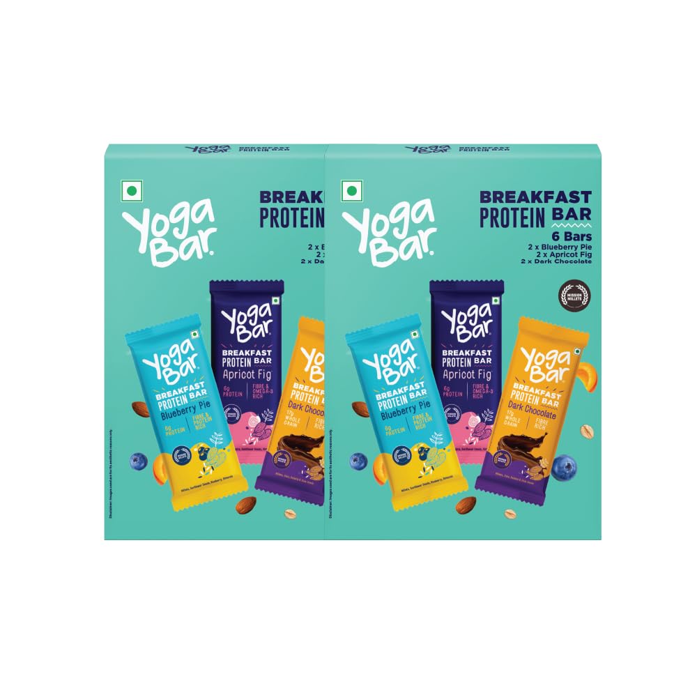 Yogabar Breakfast Protein Variety (1 X Almond Coconut, 2 X Apricot & Fig, 2 X Blueberry, 1 X Apple Cinnamon Bars - 300Gm, 6 X 50 G (Box Of 6 Bars)) 2 Count (Pack Of 6)