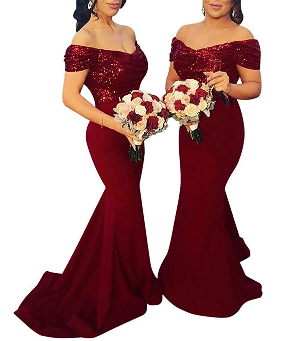 HLDressesSequin Mermaid Bridesmaid Dress Off Shoulder Long Formal Gown Evening Dresses