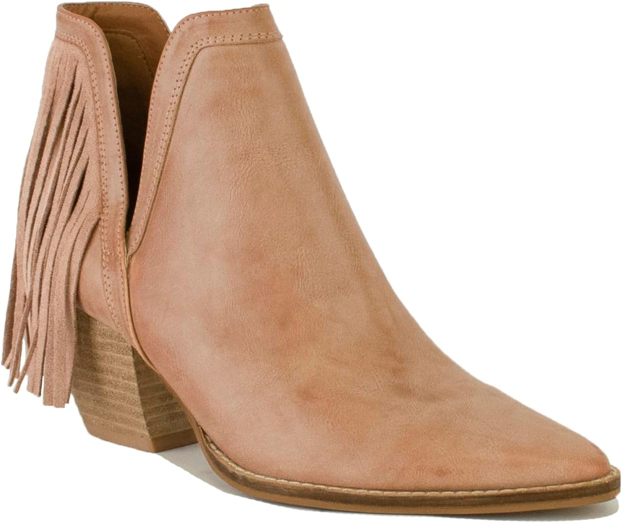 Women's V Cut Ankle Boots Fringe Boots Pointed Toe Boots Cut Out Slip On Short Boots Stacked Heel Booties Cowgirl Boots