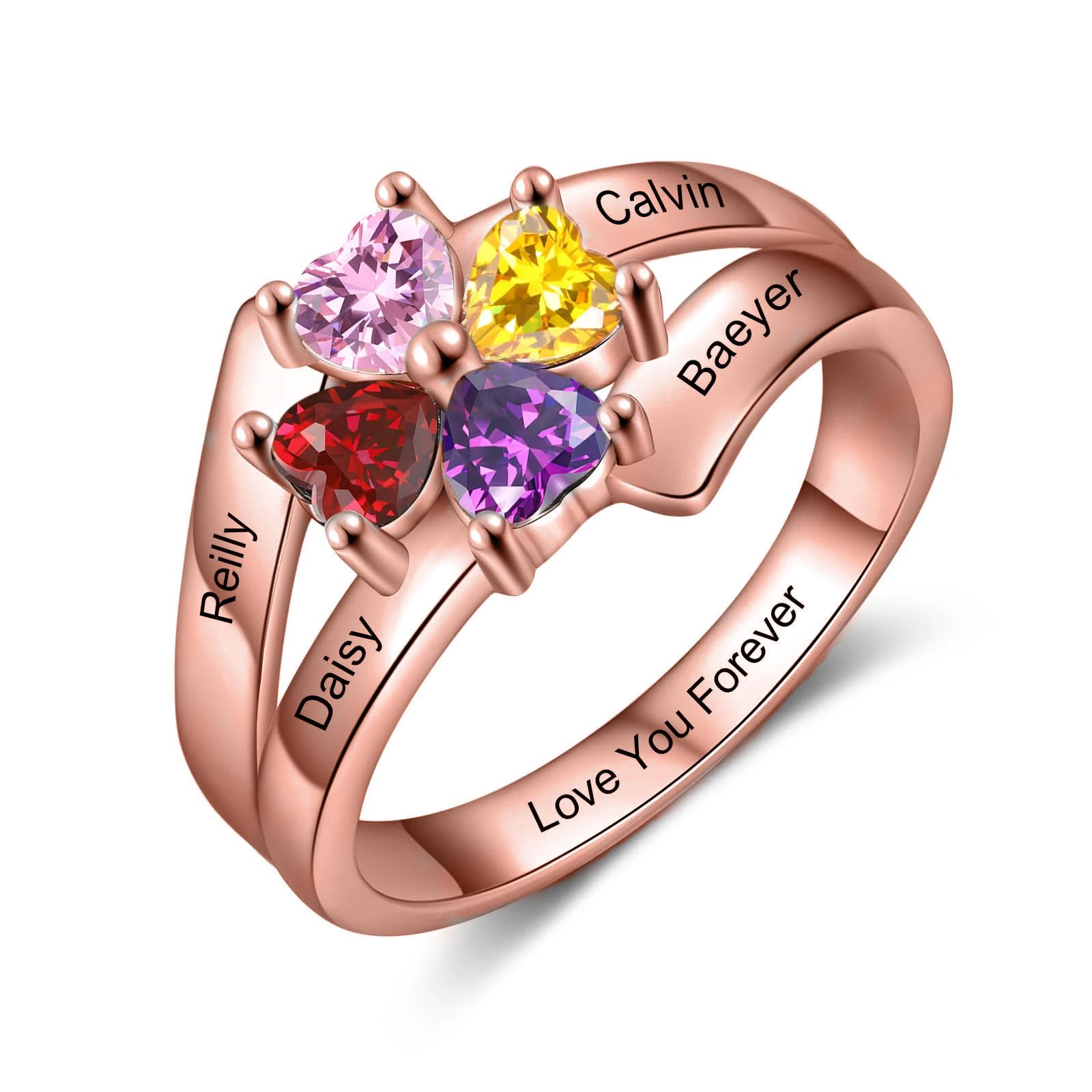 Mothers Day Gifts 10K 14K 18K Solid Gold Customized Mom Ring 2-4 Birthstones Personalized Family Names Ring Jewelry Gifts for Mothers Wife Mom