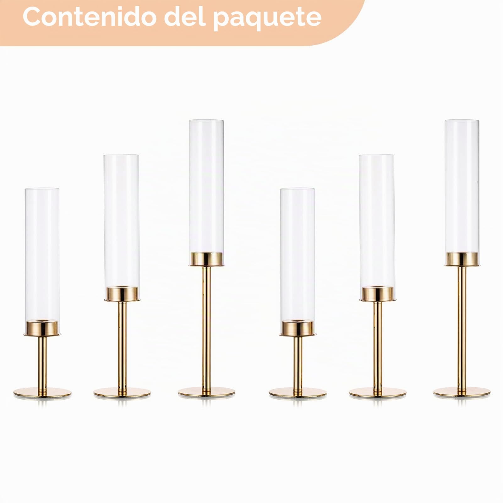 Nuptio Portavelas de Cristal: 6 Piezas de Metal Candelabro de Oro Candelabros, Vela Taper Palo Alto Cilindro Sin Fondo Portavelas de Boda Fiesta de Mesa Centro De Mesa Decoración de Comedor