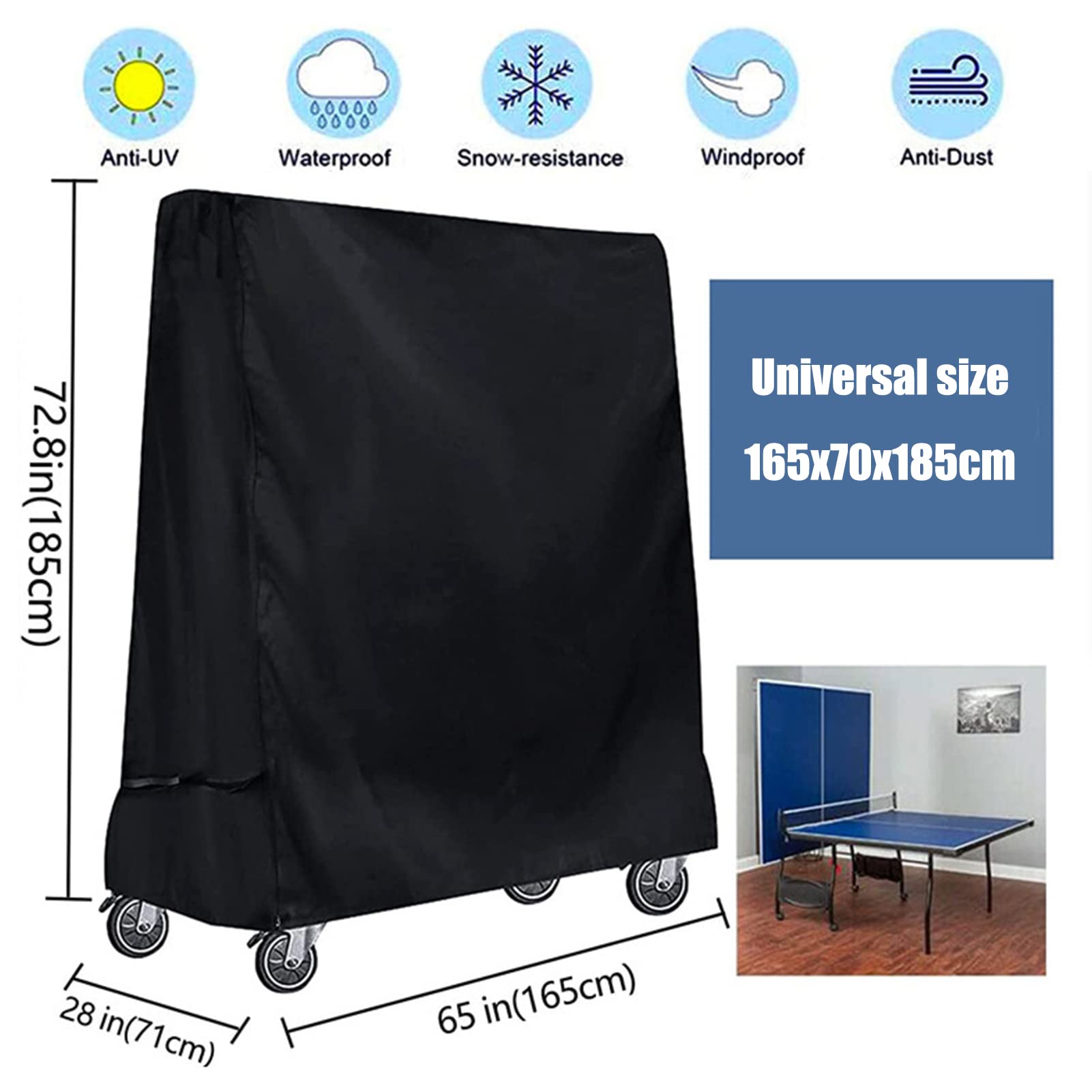 Copertura per tavolo da ping pong, Oxford 210D, impermeabile, per esterni e interni, adatta sia a tavoli pieghevoli che a tavoli piatti, copritavolo da ping pong, colore nero, 165 x 70 x 185 cm