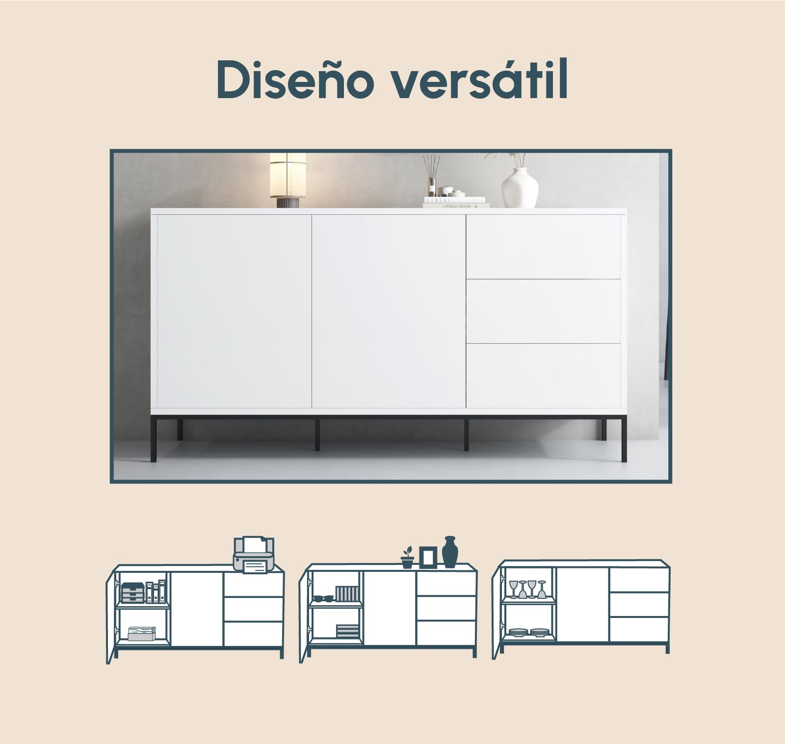 MB Muebles Bonitos | Aparador Serena para Salón Moderno | con Cajones y Patas Altas para Robot Aspirador | Color Blanco | 150x80x41 cm