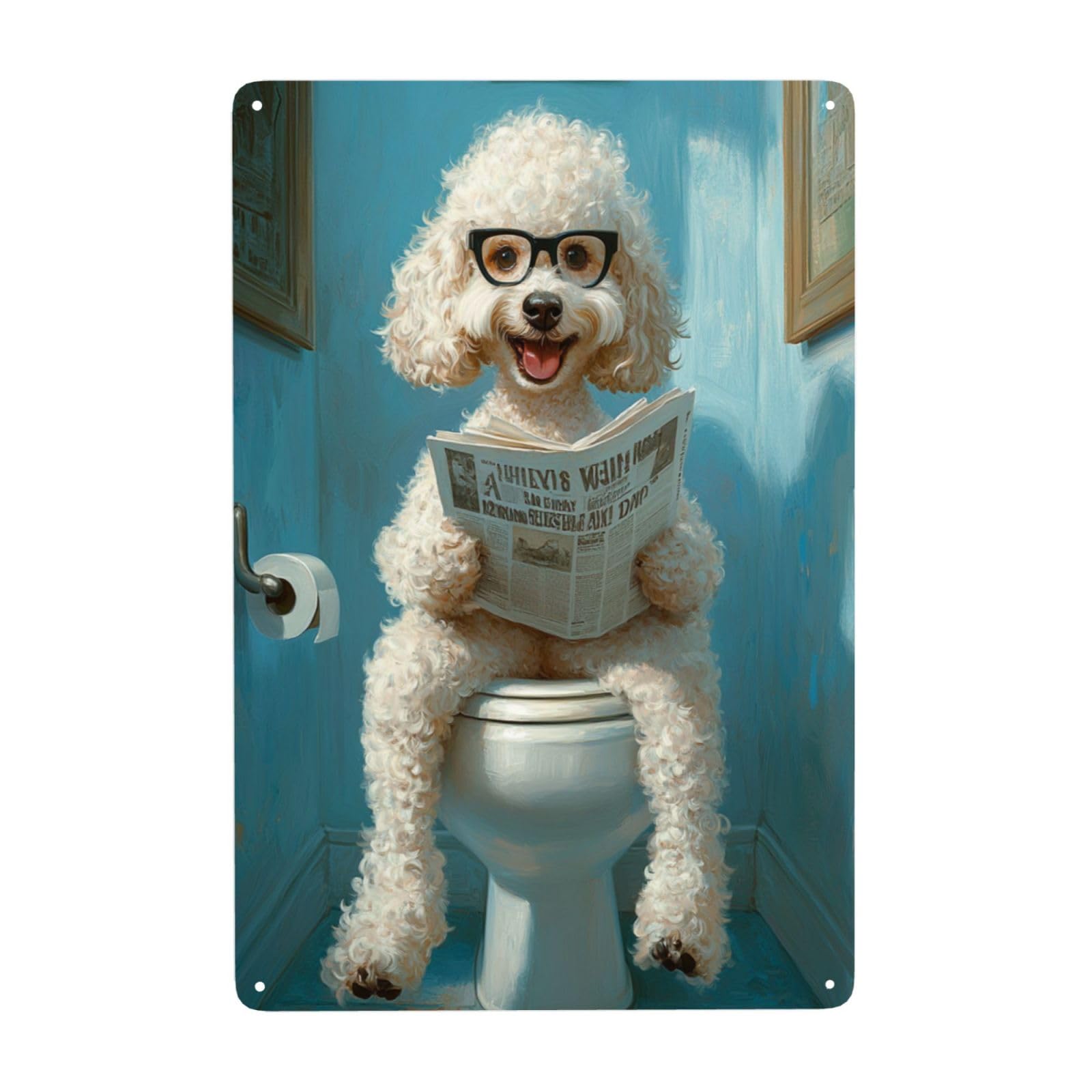 Metal Tin Sign Smart Poodle Wearing Glasses And Reading Newspaper On Toilet Hilarious Tinplate Wall Art For Bathroom