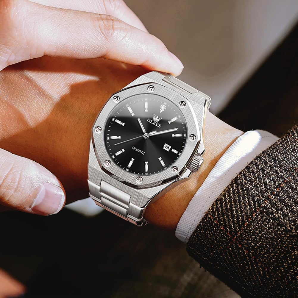 OLEVS Herren-Armbanduhr, Edelstahl, Business-Kleid, groß, leicht zu lesen, analog, wasserdicht, leuchtend, lässig, luxuriös, Herrenuhr