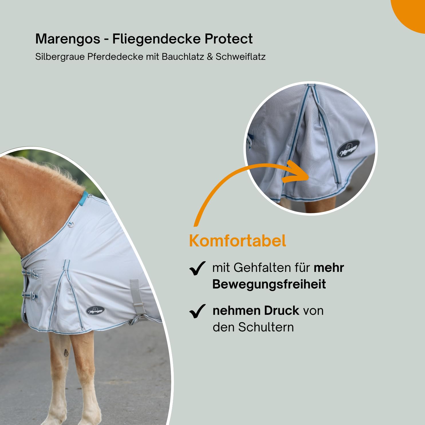 Marengos - Fliegendecke Protect mit Bauchlatz & Schweiflatz | robuste & feinmaschige Pferdedecke zum Schutz vor Insekten | doppelter Frontverschluss | Outdoor-Pferdedecke in Silbergrau | 125cm