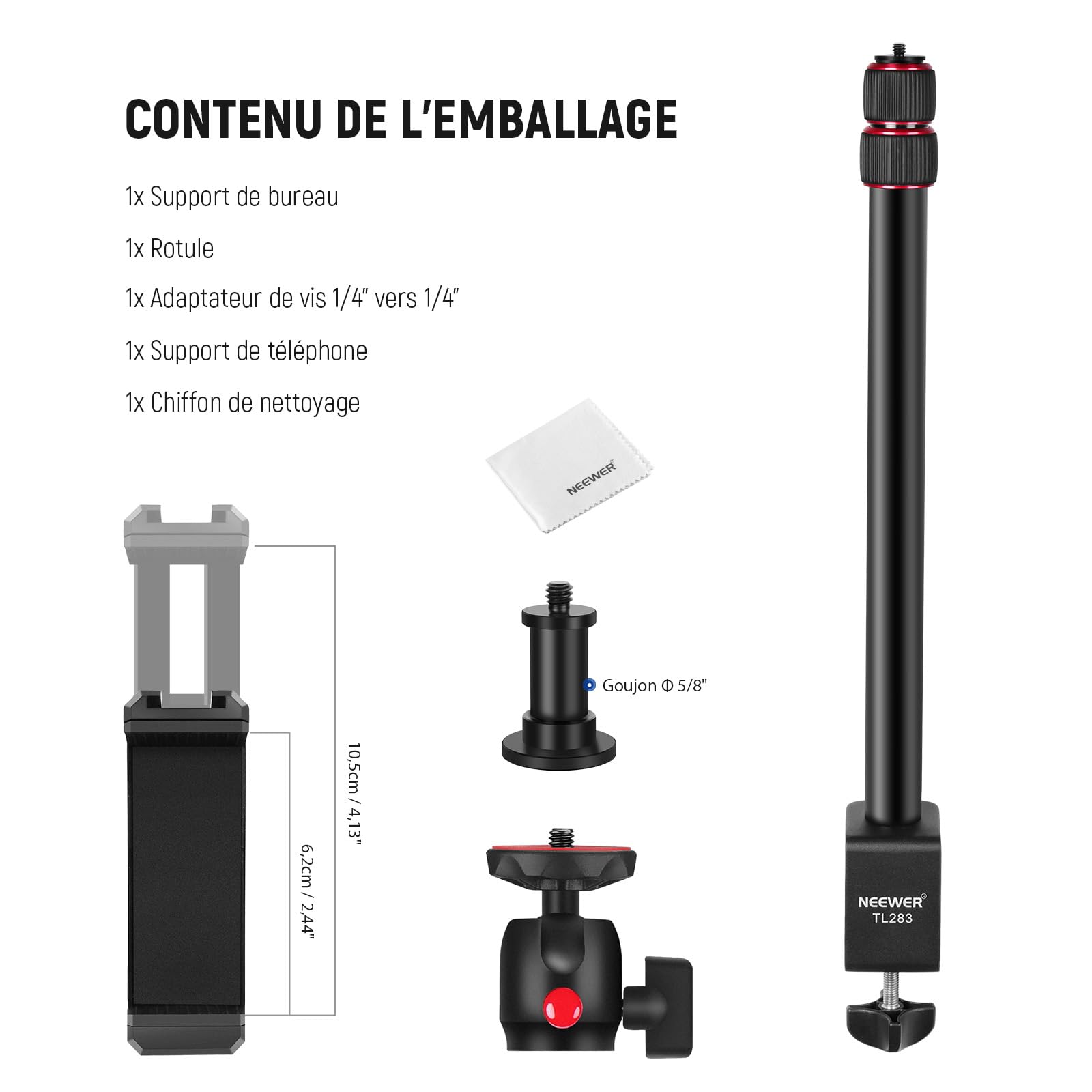 NEEWER Support de Bureau pour Caméra, Support d'éclairage de Bureau, Bras de Microphone avec Rotule, Pince en C, Chiffon de Nettoyage pour Webcam DSLR,Support de Téléphone, Anneau Lumineux,Rouge TL283