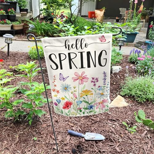 Floral Hello Spring Garden Flag 12x18 Inch Double-Sided, Outdoor Spring Decorations for Home & Porch & Yard, Small Burlap April Garden Flag for Outside, Farmhouse Welcome Flower Decor for Easter