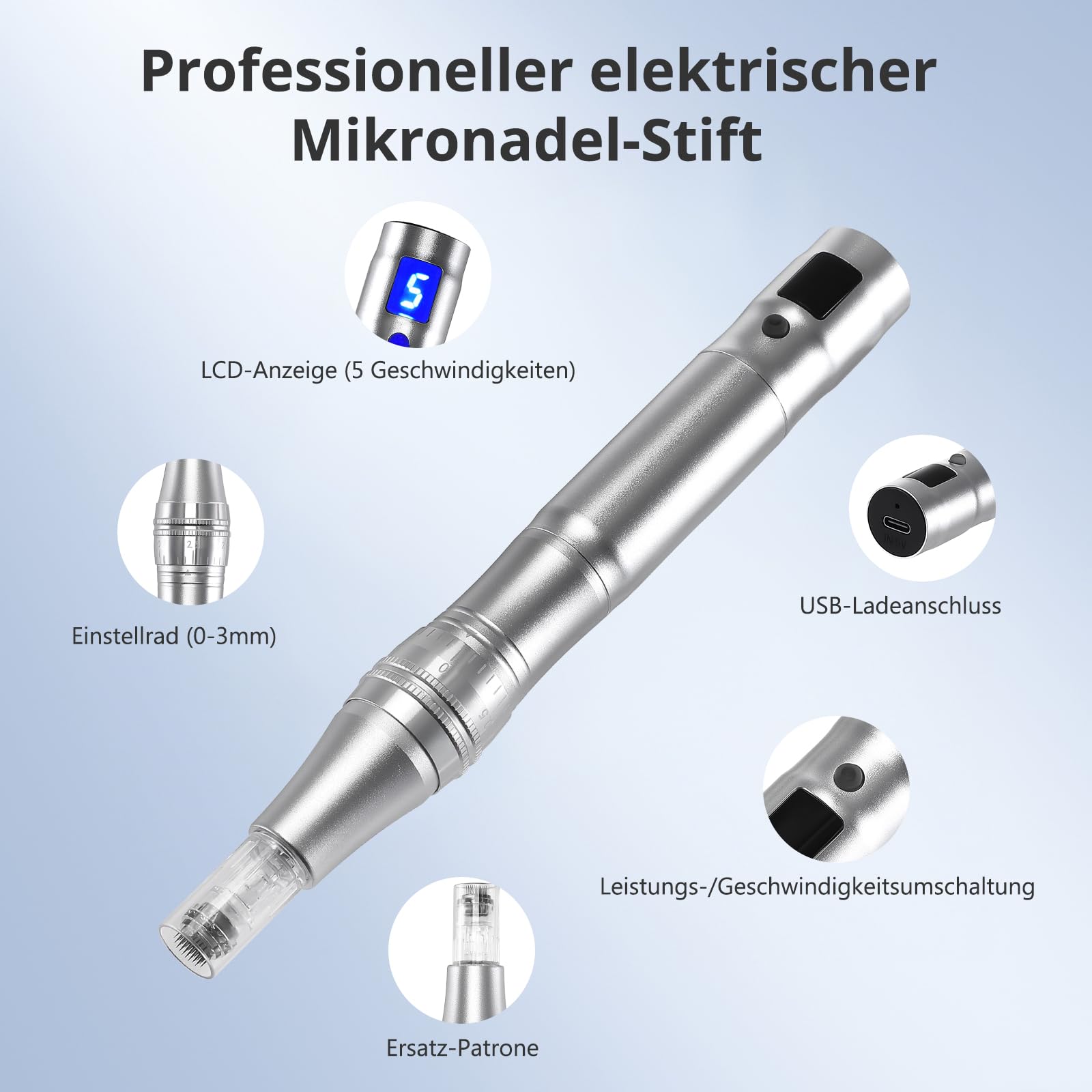 Elektrische Microneedling Pen mit 12 Nadelköpfe Tragbare,Micro Needle Roller Electric mit mit 7 Farben,9 Stufen,Wiederaufladbar Kabellos Mikronadel Stift