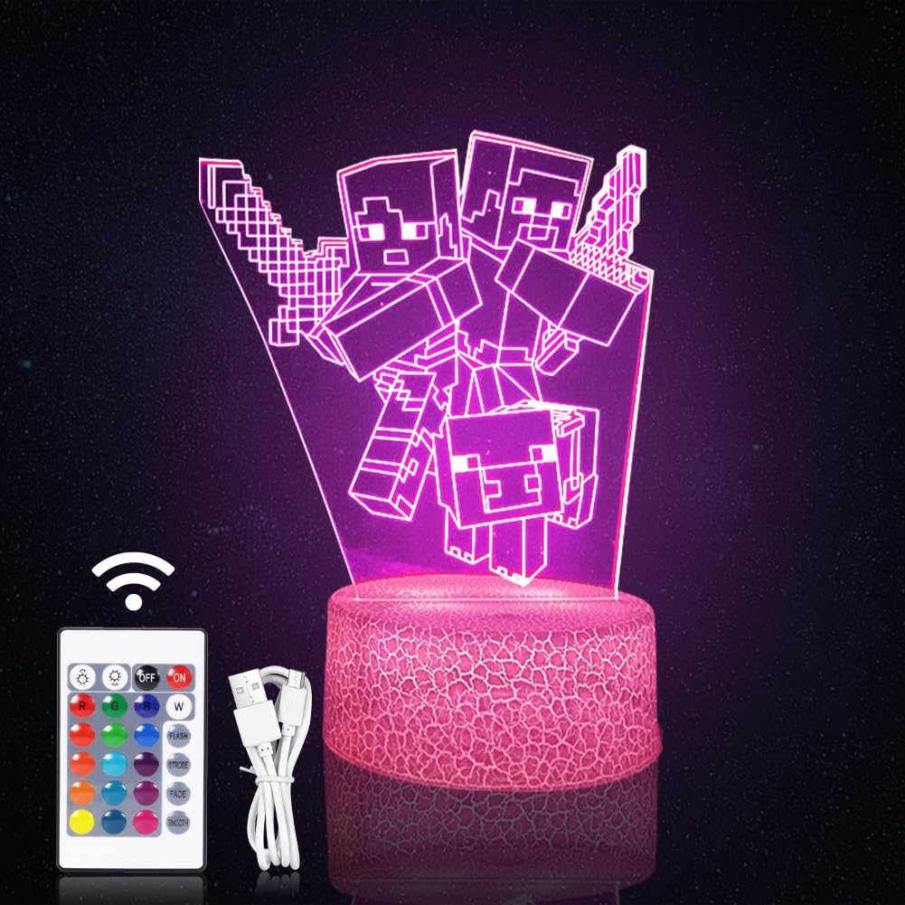 FOGARI 3D Illusion LED Night Light, 16 Colors Gradually Changing Touch Switch USB Table Lamp, Mine-Craft Lamp, Suitable for Children's Room, Living Room, Playroom, Study Room (Model 3)