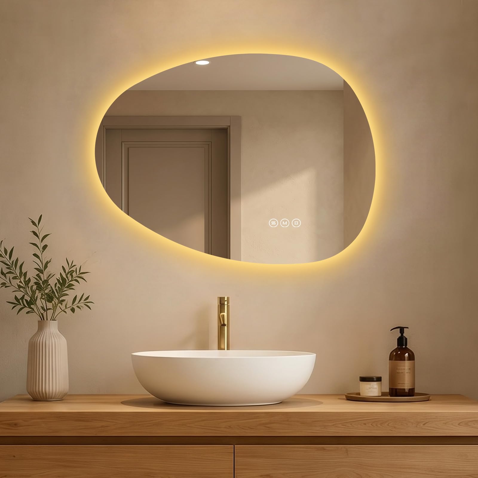 S'AFIELINA Espejo Baño con Luz LED Asimétrico e Irregular 60x45 cm | Espejos de Baño con LED Retroiluminado, Antivaho, Botón Táctil, Regulable, 3 Tonos de Luz, Montaje Horizontal o Vertical