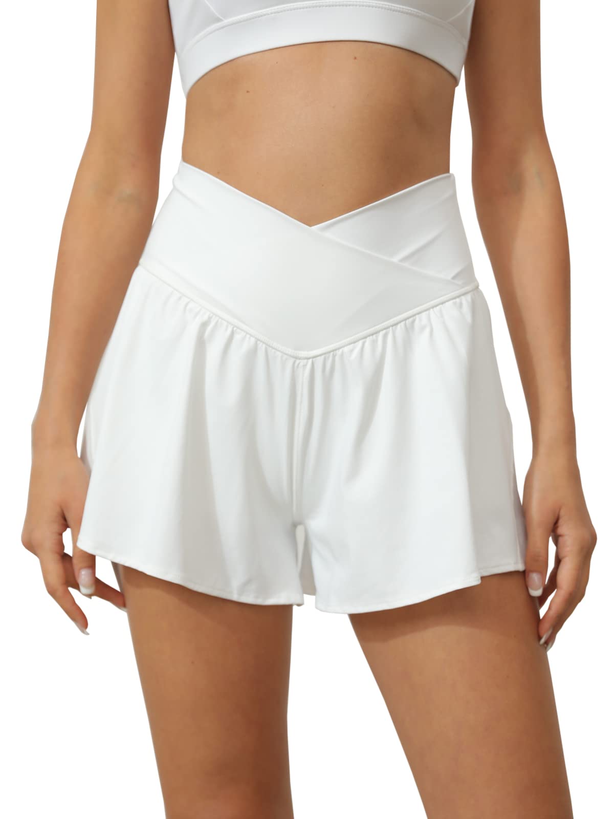 TongmingyunWomen Crossover High Waisted Athletic Shorts with Pocket Running Workout Yoga Flowy Shorts