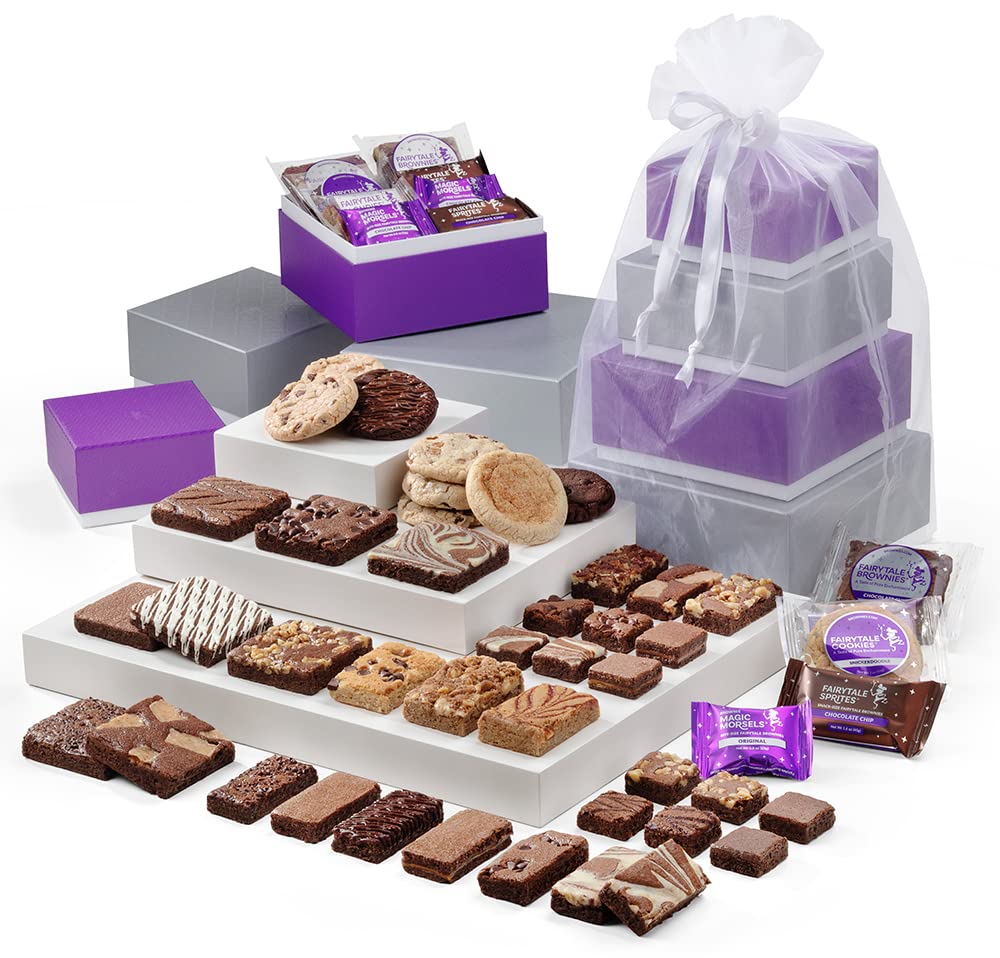 Fairytale Brownies 4-Box Tower Individually Wrapped Gourmet Chocolate Food Gift Basket - Assorted Size Brownies Plus Blondie Bars and Cookies - 49 Pieces - Item RF304