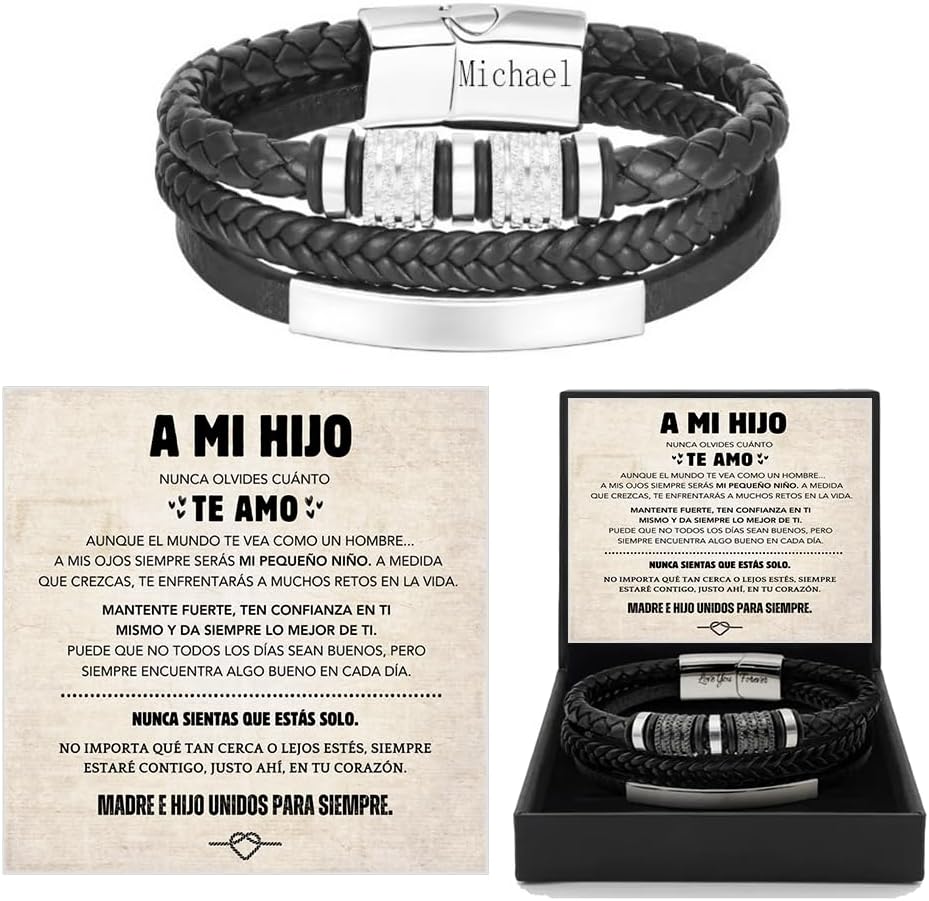 Spanish Card,TO MY SON Customize Name Braided Leather Bracelet With Gift Box, Men's Stainless Braided Leather Bracelet Bangle Wristband,Inspirational Birthday,Christmas Gift (Spanish TO MY SON 03)