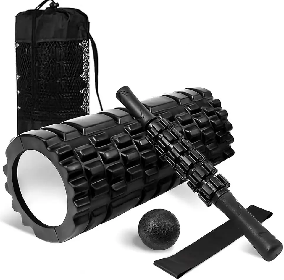 Rolo Massagem Liberação Miofascial, Kit Rolo de Liberação Miofascial, 4 em 1, Foam Roller com Bastão/Rolinho, Faixa de Alongamento, Bola de Massagem, Sacola de Transporte, Faixa Auxiliar elástica