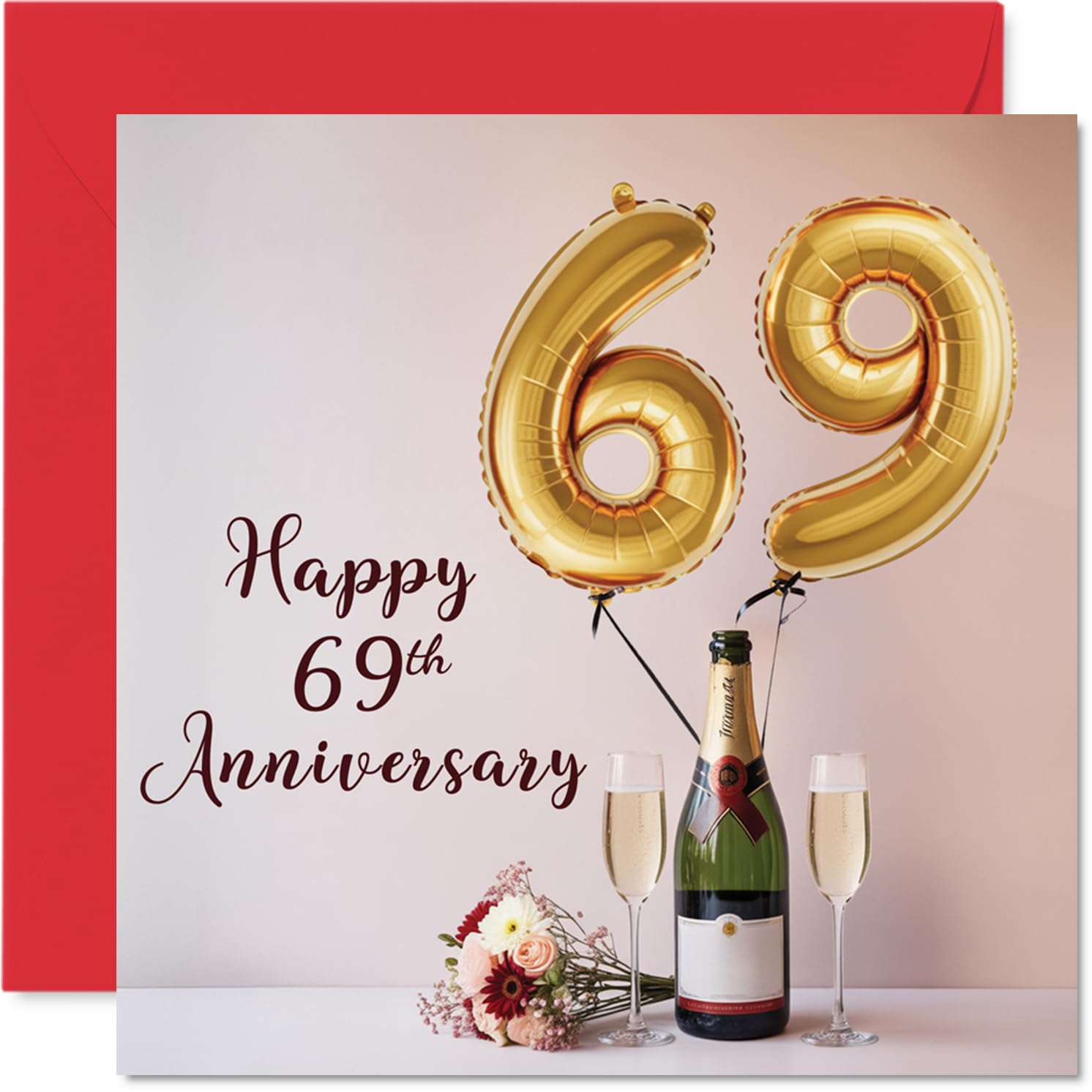 69th Anniversary Card for Women Men - Balloons & Bottle of Bubbly - Happy 69 Year Anniversary Card for Wife Partner Husband Companion, 145mm Wedding Anniversaries Greeting Cards