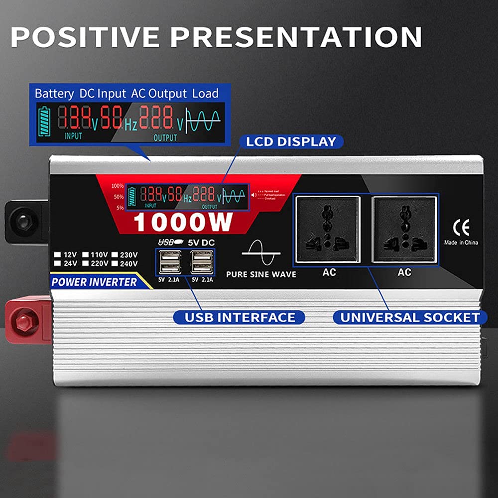 RajoNN Inversores de Corriente 2000W 3000W 4000W 6000W Inversor de Onda sinusoidal Pura Pico 12V 24V CC a 110V 220V AC Inversor de Corriente para automóvil con Control Remoto 2 Salidas de CA 6