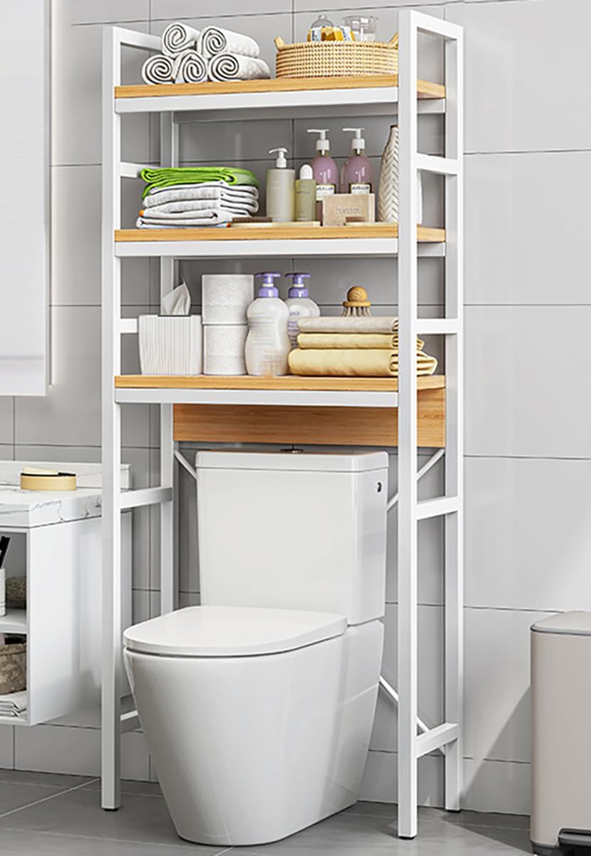 Over The Toilet Shelf Organizer, Freestanding Bathroom Shelf Space Saver, 3 Tiers Metal Frame Tall Organizer Stand for Bathroom, Laundry,White