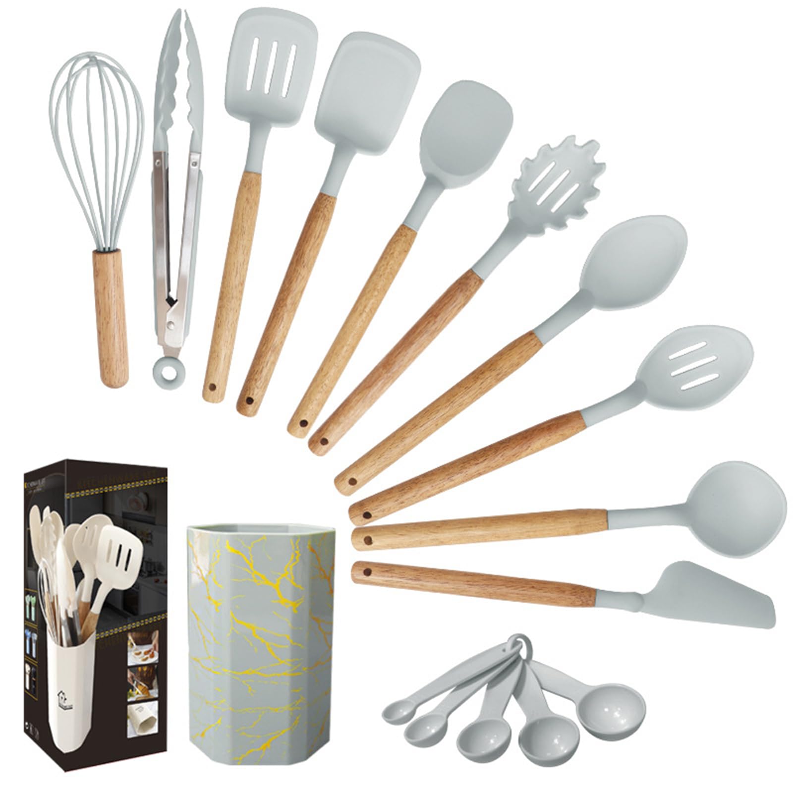 Küchenhelfer Set Aus Silikon, Küchenutensilien, Hitzebeständig, Antihaftbeschichtet, Hitzebeständiger Kochgeschirr Mit Utensilienhalter,mit Holzgriff Für BPA-freie Utensilien 12 Teiliges