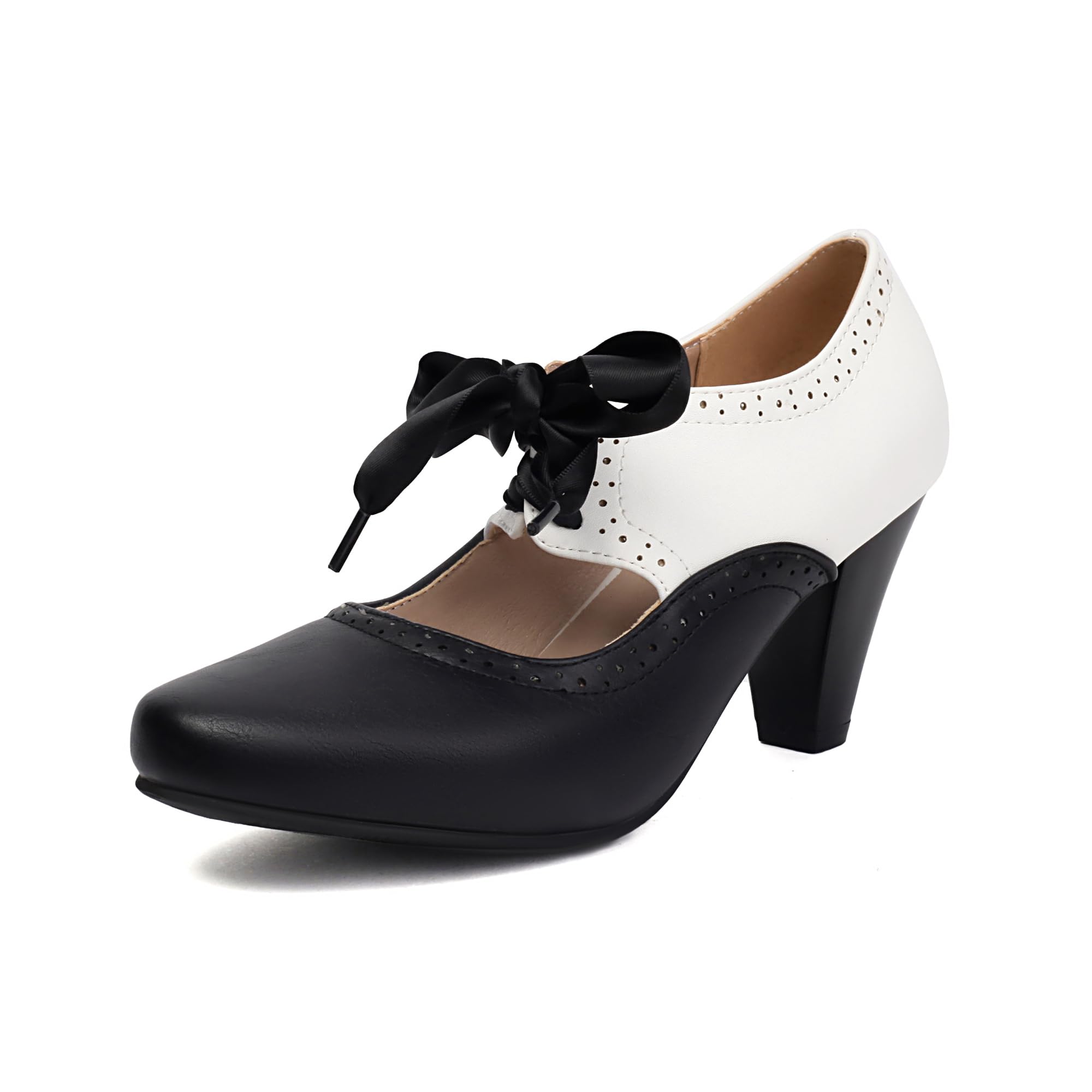 Elerhythm Women's Mary Jane 1920s Pump Heels Two Tone Classic and Retro Oxford Wingtip 1950s Vintage Round Closed Toe 1940s Lace Up Dress Shoes