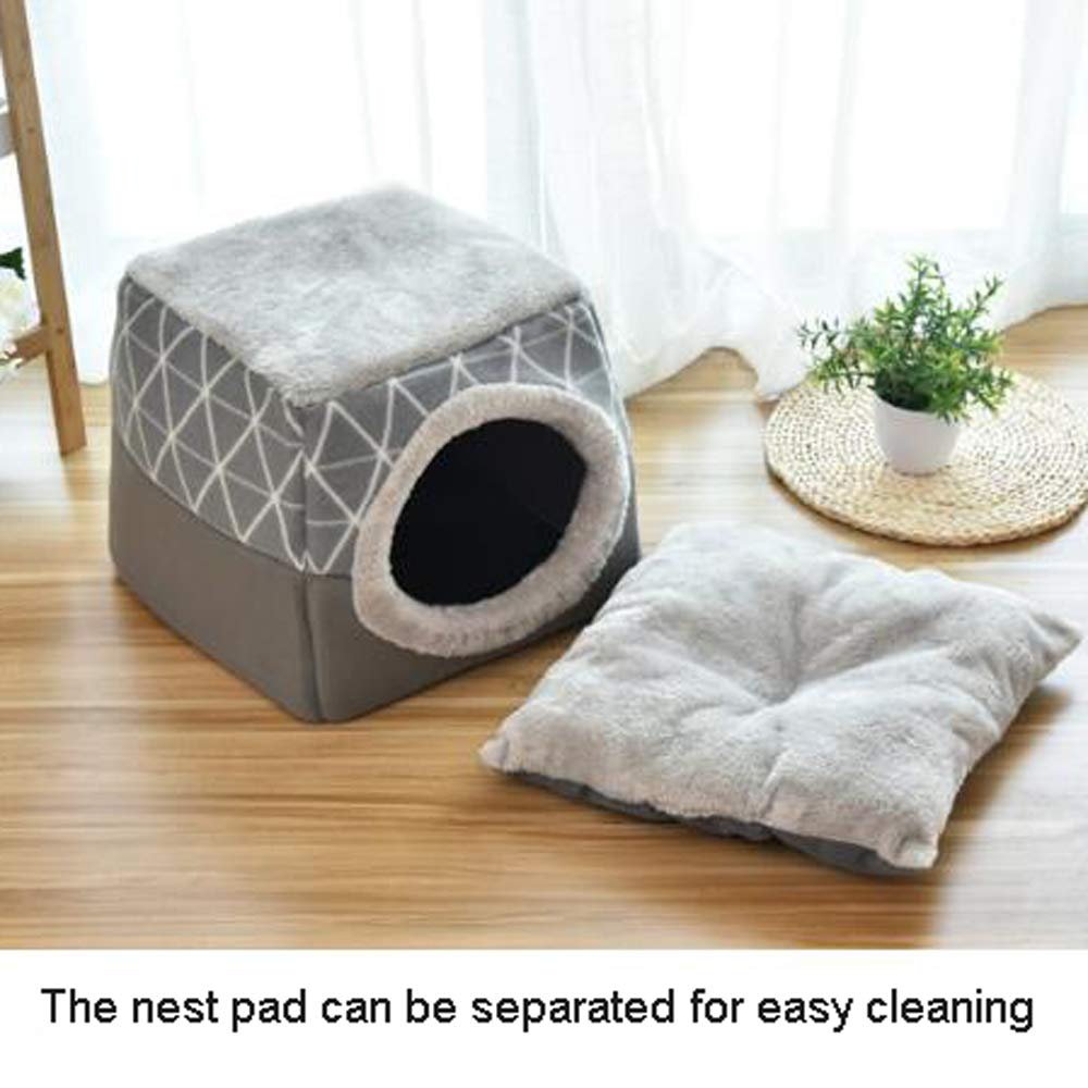 سرير ومنزل بشكل مكعب للقطط والكلاب صغير الحجم نصف مغلق من القطيفة والقطن المنفوش المقاوم للاهتراء والعض