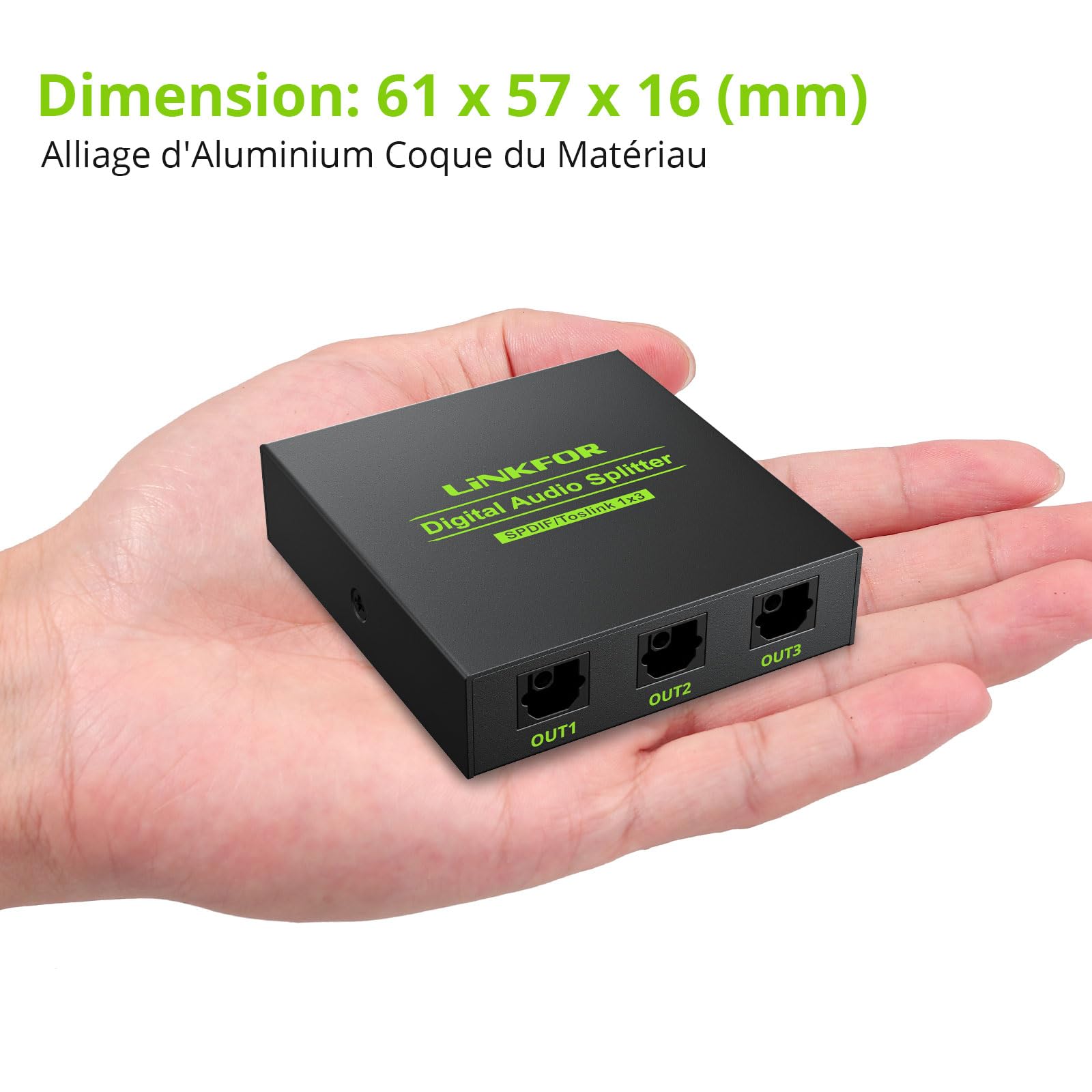 LiNKFOR Répartiteur audio optique 1 x 3 SPDIF Toslink en alliage d'aluminium 1 entrée 3 sorties prend en charge LPCM 2.0 DTS pour Dolby-AC3 Compatible avec PS3 DVD HDTV STB