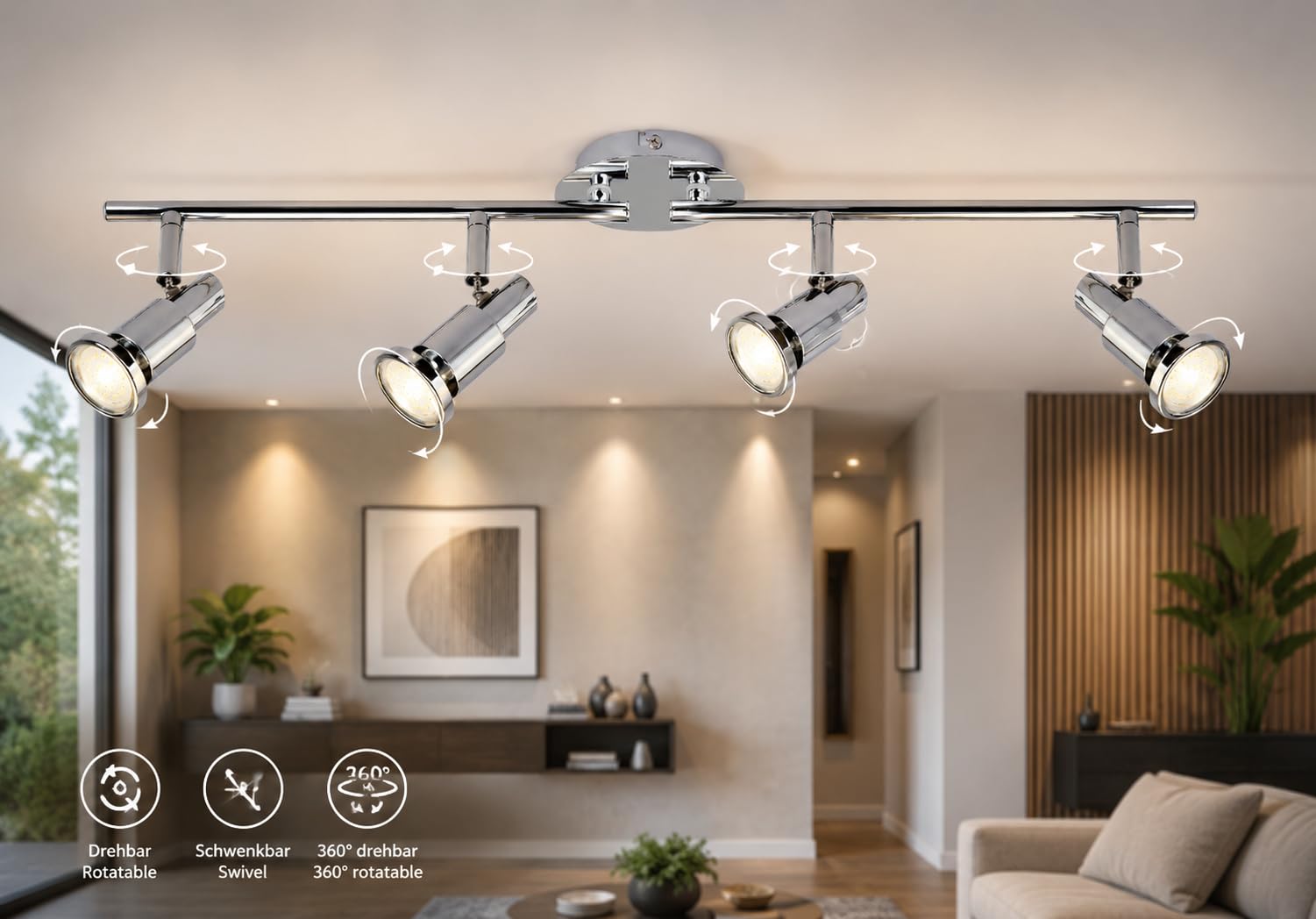 Trango 4-flammig 2890-048SD LED Deckenleuchte *OSCAR* in Chrom-Optik inkl. 4x 5 W 3-Stufen dimmbar GU10 LED Leuchtmittel Deckenlampe Deckenstrahler schwenkbar
