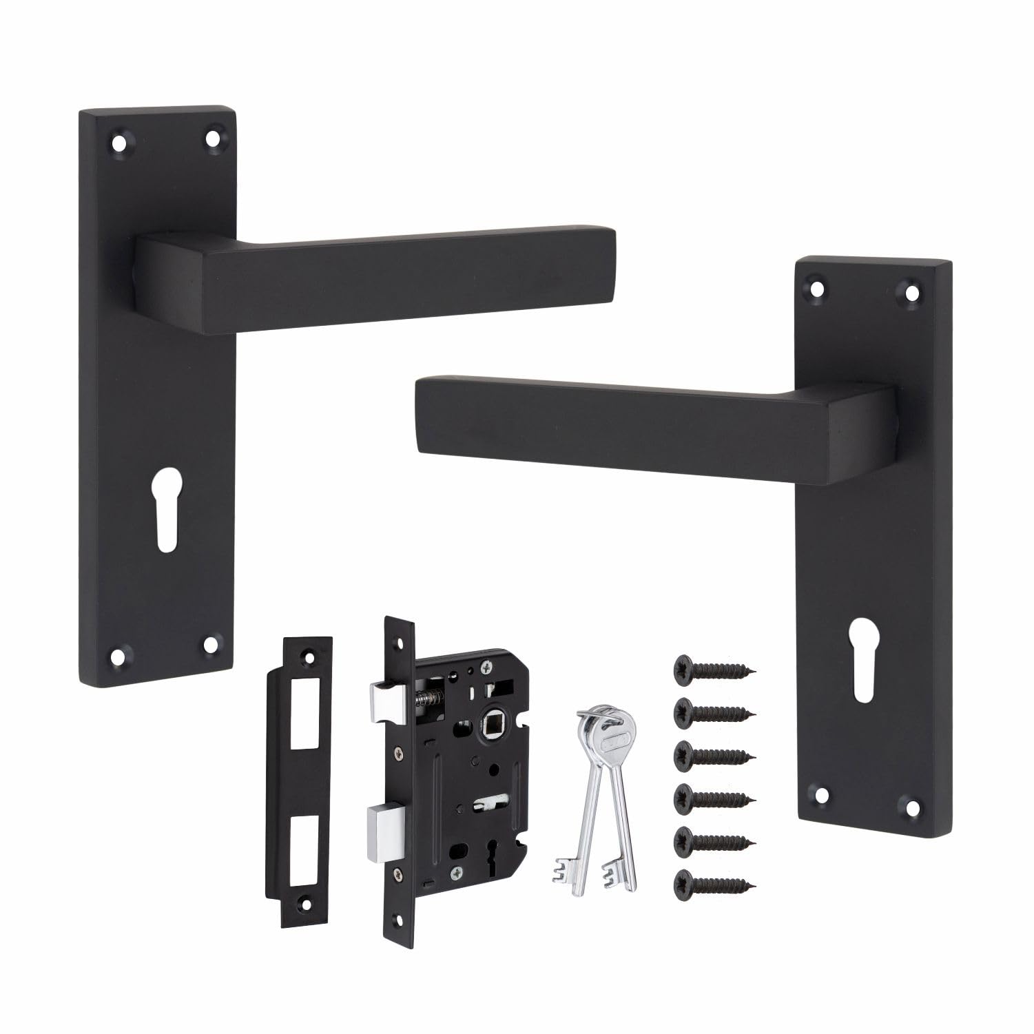 Golden Grace Victorian Straight Delta Door Handles Lever Lock in Matt Black with 64mm 3 Lever Lock Set - 150mm x 40mm Backplate