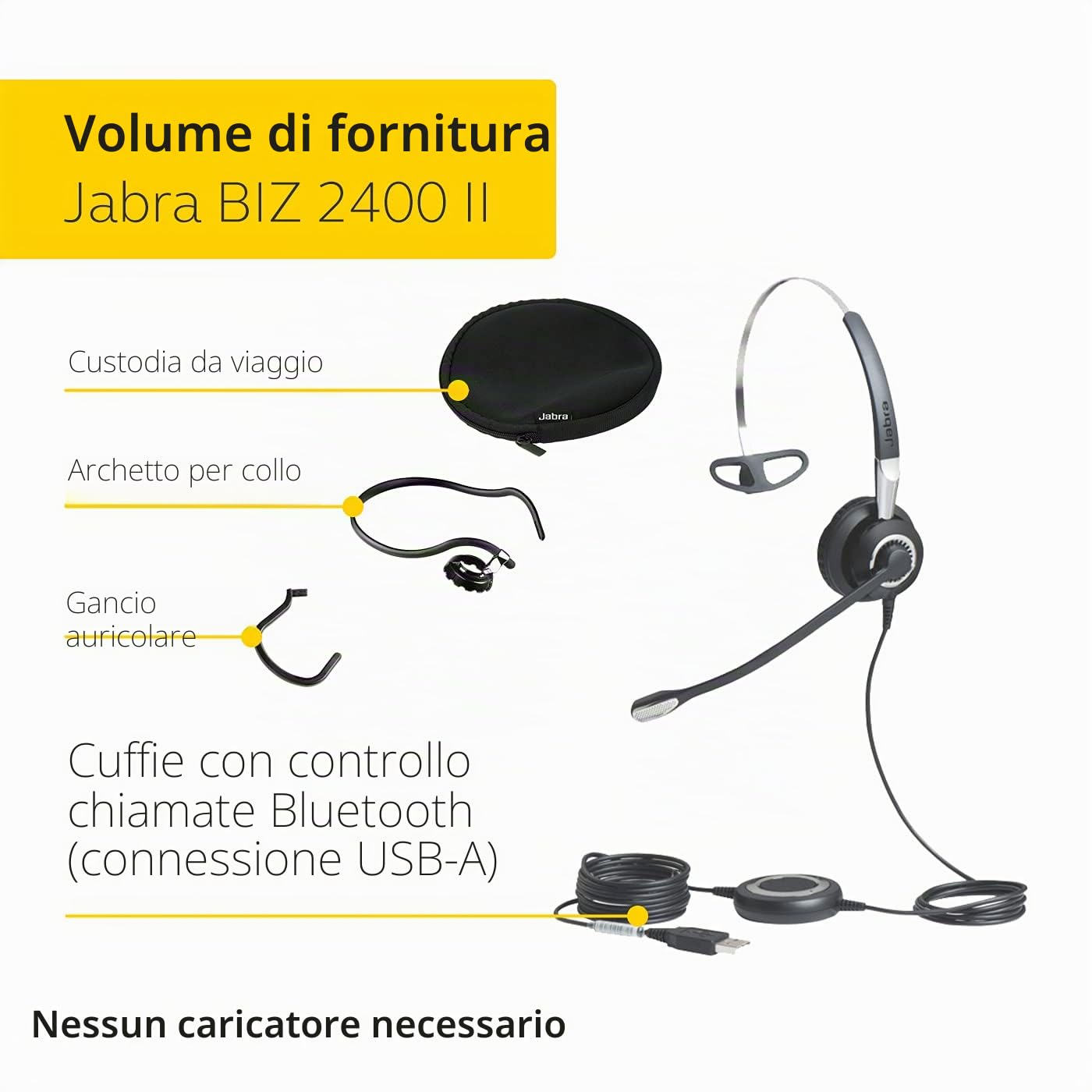 Jabra Biz 2400 II USB-A BT MS Cuffie Mono On-Ear, Cuffie con Cavo e Cancellazione del Rumore, ottimizzate per Microsoft Skype for Business, Con Unità di Controllo vocale HD e Bluetooth