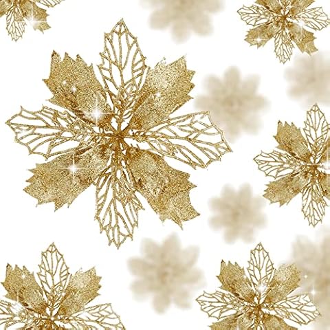 Wironlst 16 Pcs Glitter Poinsettia Flowers Artificial - Christmas Gold Poinsettia Decorations Tree Flowers Ornaments for Xmas/Holiday/Seasonal/Wedding Decor Cover