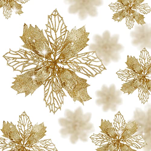 Wironlst 16 Pcs Glitter Poinsettia Flowers Artificial - Christmas Gold Poinsettia Decorations Tree...
