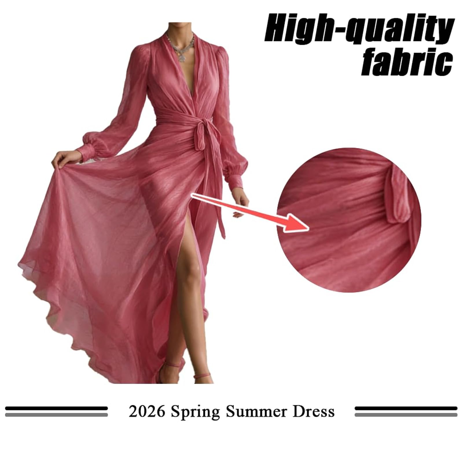 Generico Abito Lungo Elegante da Donna in Chiffon Rosa Perlato, Scollo a V, Cintura in Vita, Modello Bodycon con Arricciature e Orlo a Balze (Rose Red,XL)