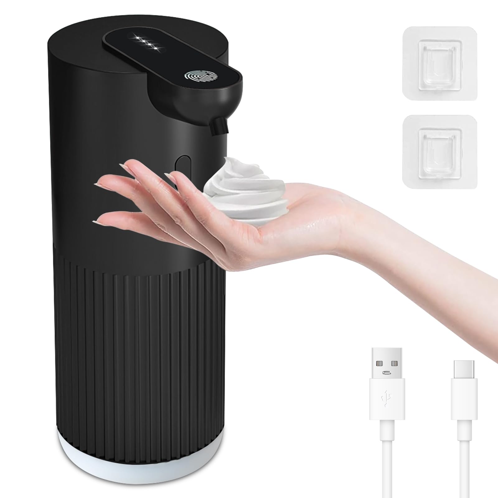 Cuteefun Foaming Soap Dispenser, 400ml Rechargeable Automatic Hand Soap Dispenser, 4 Levels Adjustable, IPX5 Waterproof, Wall Mounted, Touchless Infrared Sensing for Bathroom, Kitchen, Ribbed Black