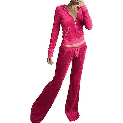 Velour Tracksuit Womens Two Piece Lounge Set Long Sleeve Zip up Hooded Jacket Wide Leg Pants Y2k Sweatsuit Set