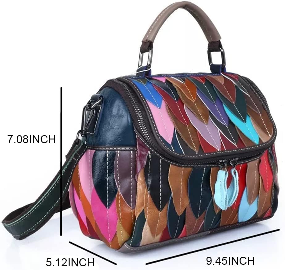 Women’s Multicolor Handbag Leather Purses Colorful Leaves Stitching Shoulder Bag