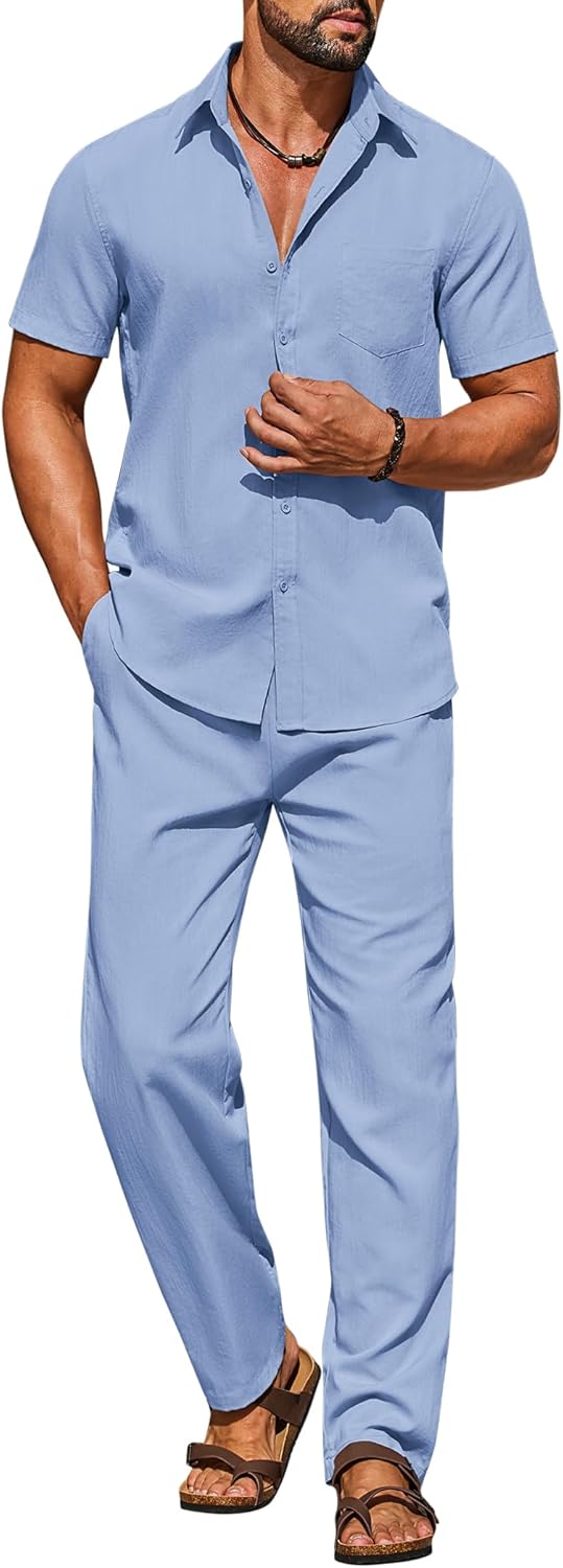 COOFANDY Men's Linen Sets 2 Piece Beach Outfit Casual Short Sleeve Button Down Shirts Loose Pants Summer Vacation Outfits