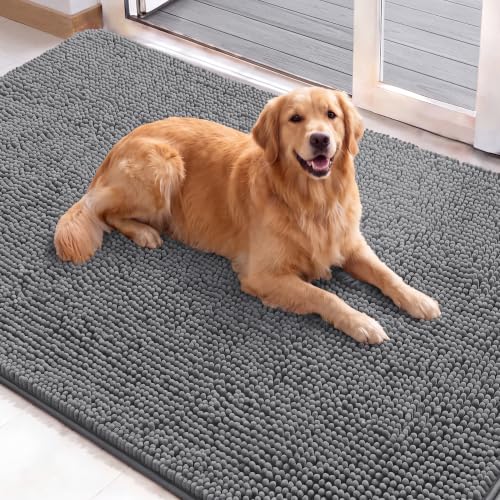 Image of H.VERSAILTEX Dog Door Mat Absorbent Dirt Trapper Non Slip Quick Dry Washable Chenille Pet Bed Mat for Mud Dogs Indoor and Outdoor(Grey, 30 inch x 48 inch)
