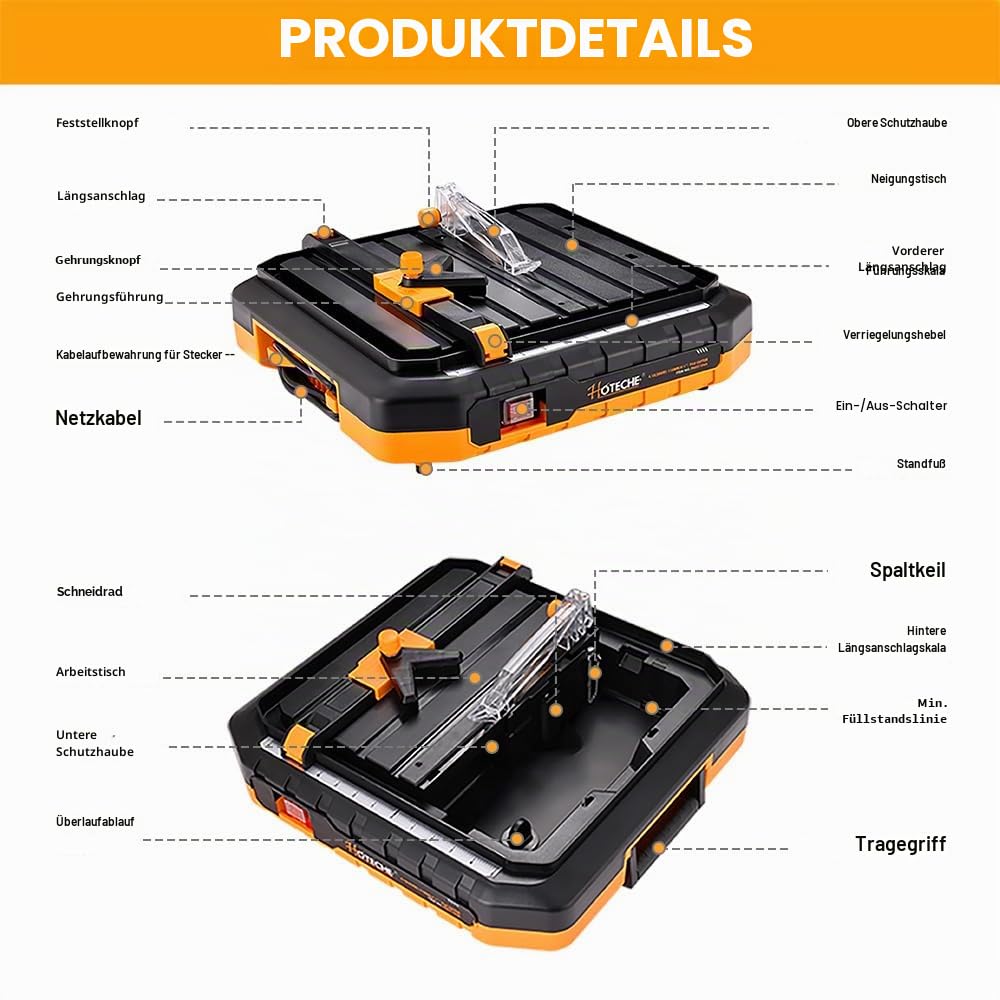 Hoteche elektrischer Fliesenschneider 500W 5200RPM 330x360mm Schneidtiefe 22.5mm 90° 12.5mm 45°